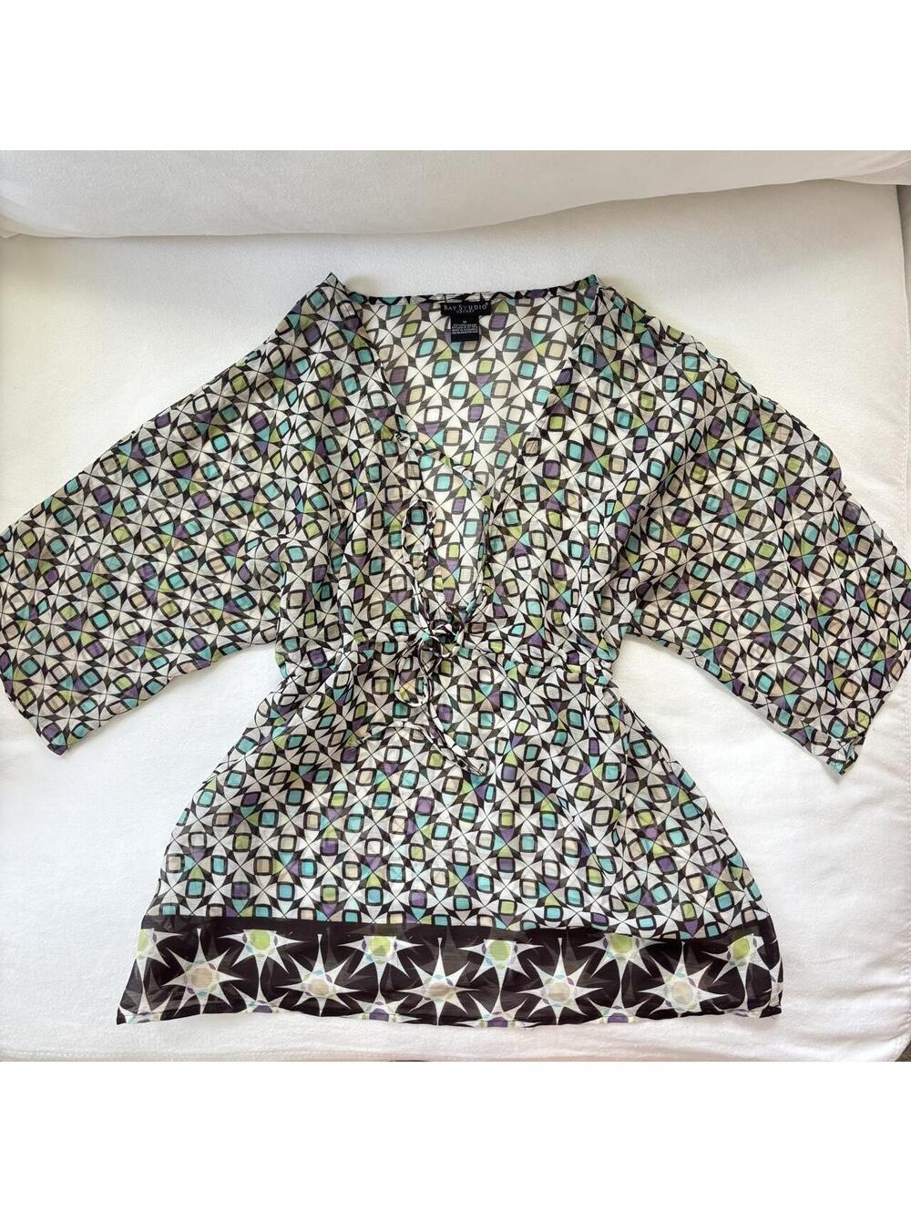 Bay Studio Vintage Y2K Sheer Geometric Tunic Top Medium Kimono Sleeve Tie BIN D